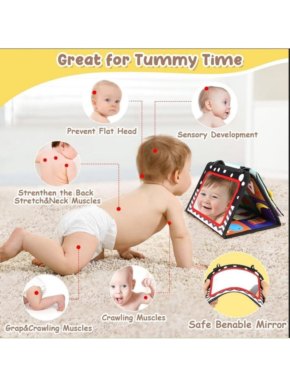 High Contrast Tummy Time Toy, Crinkle Mirror Sensory for Baby 0 to 12 Months - Picture 6 of 7